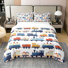 Full Size Cartoon Train Duvet Cover Set for Kids Boys Girls, Colorful Cars Bedding with 2 Pillowcases