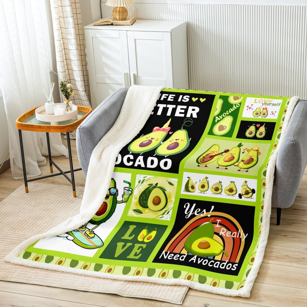 Avocado Throw Blanket Sherpa Fleece, Soft Plush BabyFriendly Bright Green Cartoon Fruit Design for Sofa or Kids Room Decor 30x40