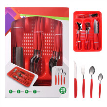 25 Piece Stainless Steel Cutlery Set with Red Handles and Storage Box for Home or Camping