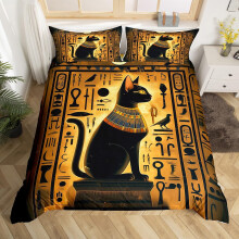 Egyptian Duvet Cover Queen with Cat Print Black and Gold Bedding Set Vintage Hieroglyphics Design