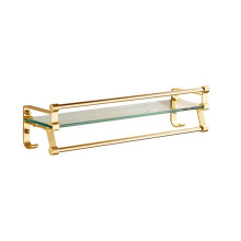 Bathroom Glass Shelf 40cm Tempered Glass Wall Mounted Shelf with Towel Bar Refined Gold Finish