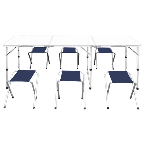 Foldable Camping Table Set with 6 Stools Height Adjustable 180x60cm 1