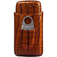 Leather Cigar Humidor for 3 Cigars with Stainless Steel Cutter, Cedar Wood Travel Gift Box for Men