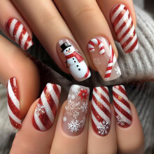 Extra Long Christmas Press On Nails with Festive Snowflake Design, Red and White Holiday Acrylic Nail Set