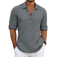 Classic Shirts Mens Linen Long Sleeve Button- Lapel Shirts Casual Summer Beach Shirt Grey M