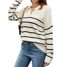 Women Striped Sweater V Neck Long Sleeve Loose Sweater Knit Pullover Jumper Tops White XL