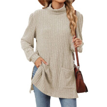 Long Sleeve Shirts for Women High Neck Casual Tunic Tops Apricot XXL