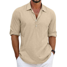 Classic Shirts Mens Linen Long Sleeve Button- Lapel Shirts Casual Summer Beach Shirt Khaki XXXL