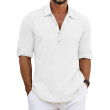 Classic Shirts Mens Linen Long Sleeve Button- Lapel Shirts Casual Summer Beach Shirt White XXXL