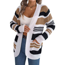 Women'S Color Block Striped Cardigan Sweater Casual Fall Winter Open Front Knit Cardigan Sweaters with Pockets Khaki S