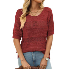 Womens Short Sleeve Sweaters Summer Round Neck Pullover Sweater Crochet Tops Red S
