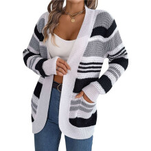 Women'S Color Block Striped Cardigan Sweater Casual Fall Winter Open Front Knit Cardigan Sweaters with Pockets Grey L