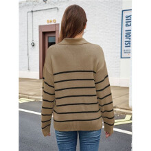 Women Striped Sweater V Neck Long Sleeve Loose Sweater Knit Pullover Jumper Tops Brown XL