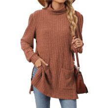 Long Sleeve Shirts for Women High Neck Casual Tunic Tops Orange Red S
