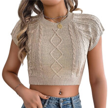 Womens Cable Knit Crop Tops Cap Sleeve Crew Neck Slim Fit Solid Color Stretchy Summer Sweater Short Sleeve Tee Khaki L