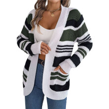 Women'S Color Block Striped Cardigan Casual Fall Winter Open Front Knit Cardigan Sweaters with Pockets Army Green L