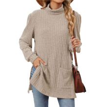Long Sleeve Shirts for Women High Neck Casual Tunic Tops Khaki XL