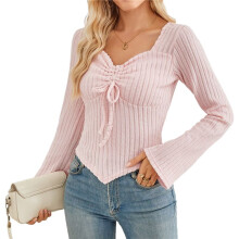 Women'S Y2k Aesthetic Trendy Long Sleeve Shirt Cute Ruched Drawstring Slim Fit Pullover Tops Y2k Clothes M