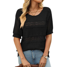 Womens Short Sleeve Sweaters Summer Round Neck Pullover Sweater Crochet Tops Black L