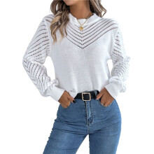 Women'S Crochet Sweaters Crew Neck Long Sleeve Cute Hollow Out Cotton Pullover Knit Tops White M