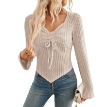 Women'S Y2k Aesthetic Trendy Long Sleeve Shirt Cute Ruched Drawstring Slim Fit Pullover Tops Y2k Clothes Apricot L