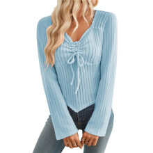 Women'S Y2k Aesthetic Trendy Long Sleeve Shirt Cute Ruched Drawstring Slim Fit Pullover Tops Y2k Clothes Light  M