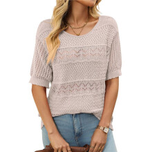 Womens Short Sleeve Sweaters Summer Round Neck Pullover Sweater Crochet Tops Oatmeal Color XL