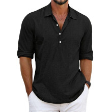 Classic Shirts Mens Linen Long Sleeve Button- Lapel Shirts Casual Summer Beach Shirt Black XXXL