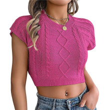 Womens Cable Knit Crop Cap Sleeve Crew Neck Slim Fit Solid Color Stretchy Summer Short Sleeve Sweater Rose Red M