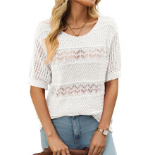 Womens Short Sleeve Sweaters Summer Round Neck Pullover Sweater Crochet Tops White L