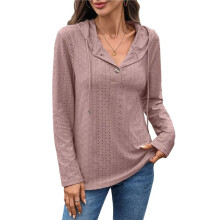 Sweatshirts for Women Spring Autumn Hollow Out Hoodies Drawstring Button V Neck Long Sleeve Pullover Sweatshirt L
