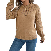 Women'S Crochet Sweaters Crew Neck Long Sleeve Cute Hollow Out Cotton Pullover Knit Tops Khaki XL