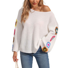 Womens Classic Boho Floral Crochet Long Sleeve Sweaters Casual Pullover Knitwear for Fall Winter Basic Tops White S