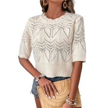 Womens Short Sleeve Sweaters Summer 2025 Round Neck Pullover Sweater Crochet Tops Apricot S