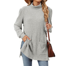Long Sleeve Shirts for Women High Neck Casual Tunic Tops Light Gray S