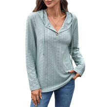 Women Spring Autumn Hollow Out Hoodies Drawstring Button V Neck Long Sleeve Pullover Sweatshirt Dark Green XL