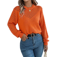 Women'S Crochet Sweaters Crew Neck Long Sleeve Cute Hollow Out Cotton Pullover Knit Tops Orange Color S