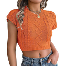 Womens Cable Knit Crop Cap Sleeve Crew Neck Slim Fit Solid Color Stretchy Summer Short Sleeve Sweater Orange Color S