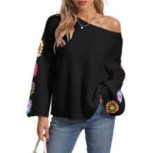 Womens Classic Boho Floral Crochet Long Sleeve Sweaters Casual Pullover Knitwear for Fall Winter Basic Tops Black XL
