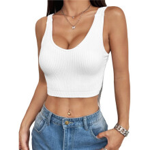 Women'S Spaghetti Strap Knit Crop Cami- Top Striped Sleeveless Camisole Tops White M