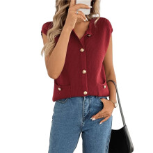 Womens Sleeveless Sweater Vest Crochet Button Down Cardigan Vests Tops 2025 Trendy Summer Casual Outfits Red M