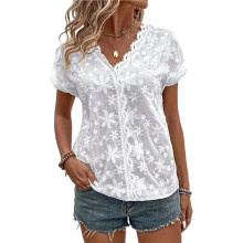 Dames Tops met Korte Mouwen, V-Hals, Borduurwerk, Blouse met Oogjes Wit L