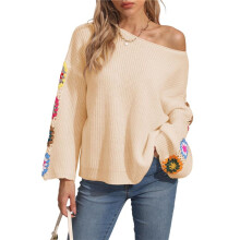 Womens Classic Boho Floral Crochet Long Sleeve Sweaters Casual Pullover Knitwear for Fall Winter Basic Tops Apricot L