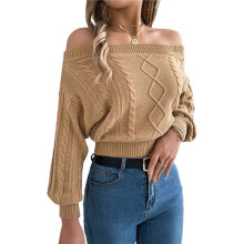 Womens Off the Shoulder Sweater Solid Cable Knitted Pullover Jumper Top Casual Long Sleeve Cropped Sweaters Khaki L