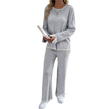 Womens Two Piece Outfits Casual Long Sleeve Knit Sweater Tops Matching Wide Leg Pants Tracksuit Lounge Sets Grey XL