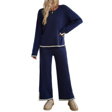 Womens Two Piece Outfits Casual Long Sleeve Knit Sweater Tops Matching Wide Leg Pants Tracksuit Lounge Sets Navy S