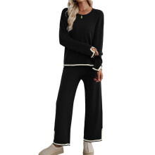 Womens Two Piece Outfits Casual Long Sleeve Knit Sweater Tops Matching Wide Leg Pants Tracksuit Lounge Sets Black M