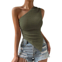 Women'S One Shoulder Tank Ruched Textured Asymmetrical Sleeveless Shirt Going Out Tops Green L