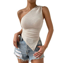 Women'S One Shoulder Tank Ruched Textured Asymmetrical Sleeveless Shirt Going Out Tops Apricot L
