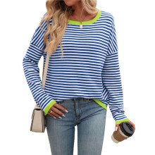 Womens Sweaters Long Sleeve Crew Neck Color Block Striped Casual Knitted Pullover Tops  L